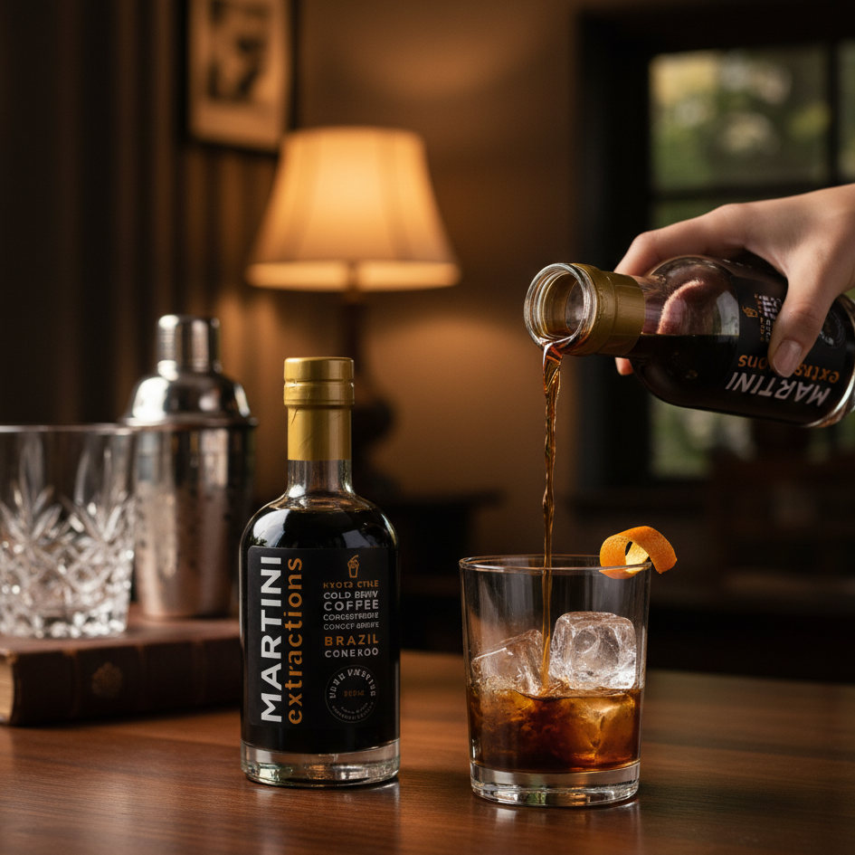 Person pouring a drink from a Martini bottle into a glass with ice on a wooden table.

